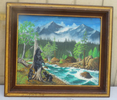 LARGE FRAMED LANDSCAPE OIL ON WOOD PAINTING OF BEAR AND CUBS SIGNED