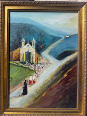 Maria Teresa Feo De Oliveira „Procession Church“ Oil Painting – Signed/Framed