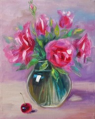 Pink Roses Original Oil Painting Floral Still Life Glass Vase Wall Art Decor
