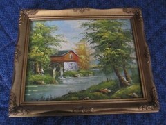 Brian Roche Framed Oil Painting on Canvas Country Scene Barn Water Wheel 8 x 10