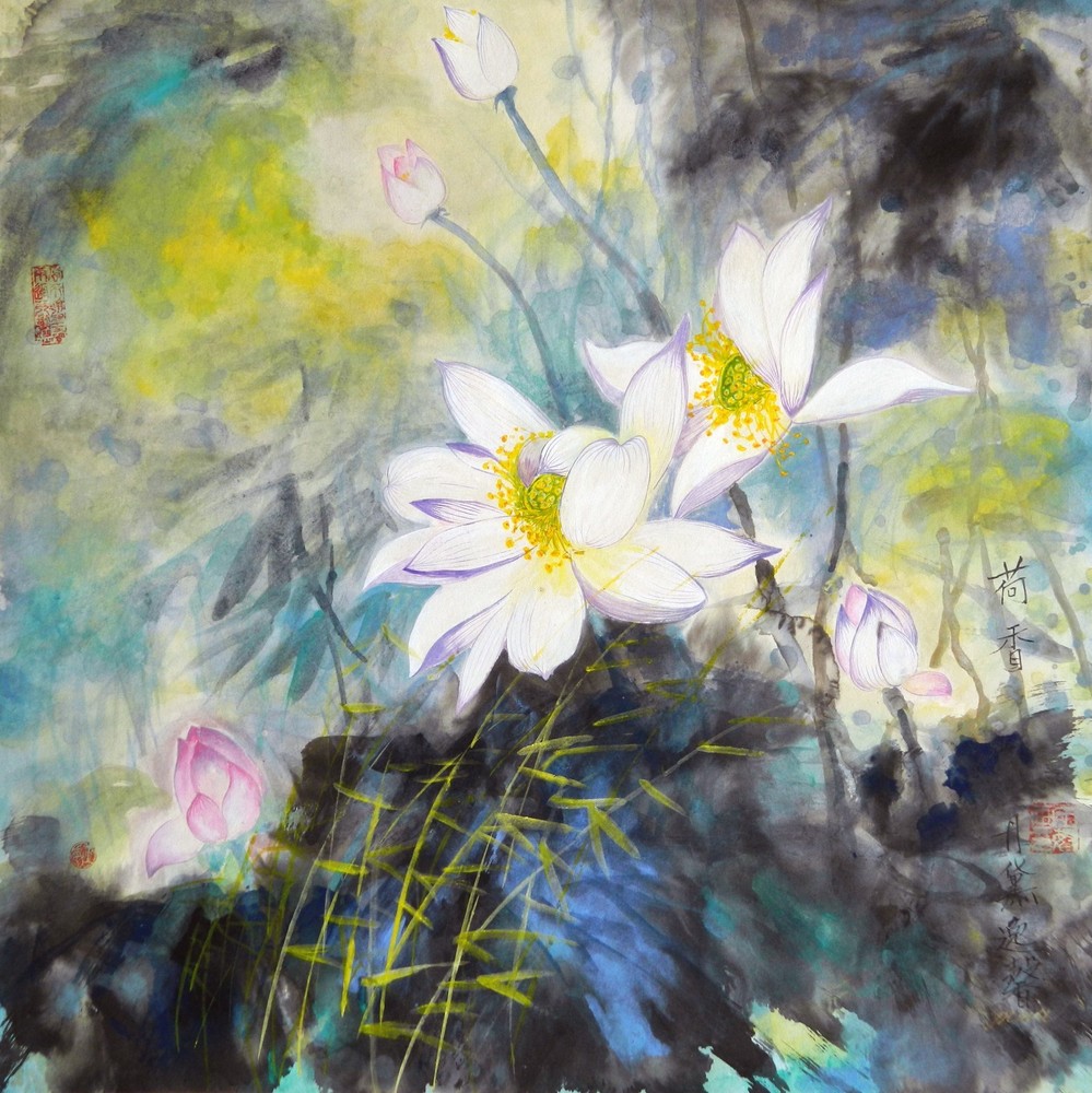 Fine Art, signed original Chnese Brush painting, unframed „Floral Whit (s)“