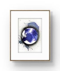 Original Eclipse Painting 5×7 Ink Canvas Indigo Black White Signed