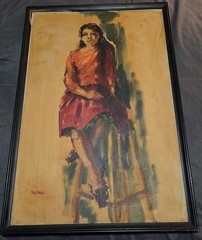 VTG Signed Original Painting MJ Gottfried? Long Hair Woman Red Dress Colorful