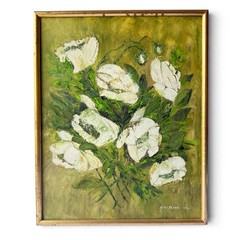 Vintage Original White Florals Green Background Oil Painting Linen Canvas Framed