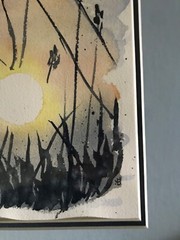 Original Watercolor Painting Blue Ocean Beach Grass Reed Framed Signed 11×14 in