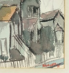 1966 Bruguera Watercolor Painting Vintage Mid Century Modern Buildings Church