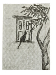 ACEO Original Art Graphite & Charcoal Drawing Cat in Tree ATC by Smlldog