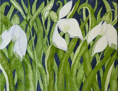 PAINTING WATERCOLOR 11X14 WHITE MAT 16X20 FLOWER SNOWDROPS WHITE GREEN ORIGINAL