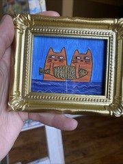 PRINT Cats And Fish Cute,funny, Painting,framed,miniature,small,mini