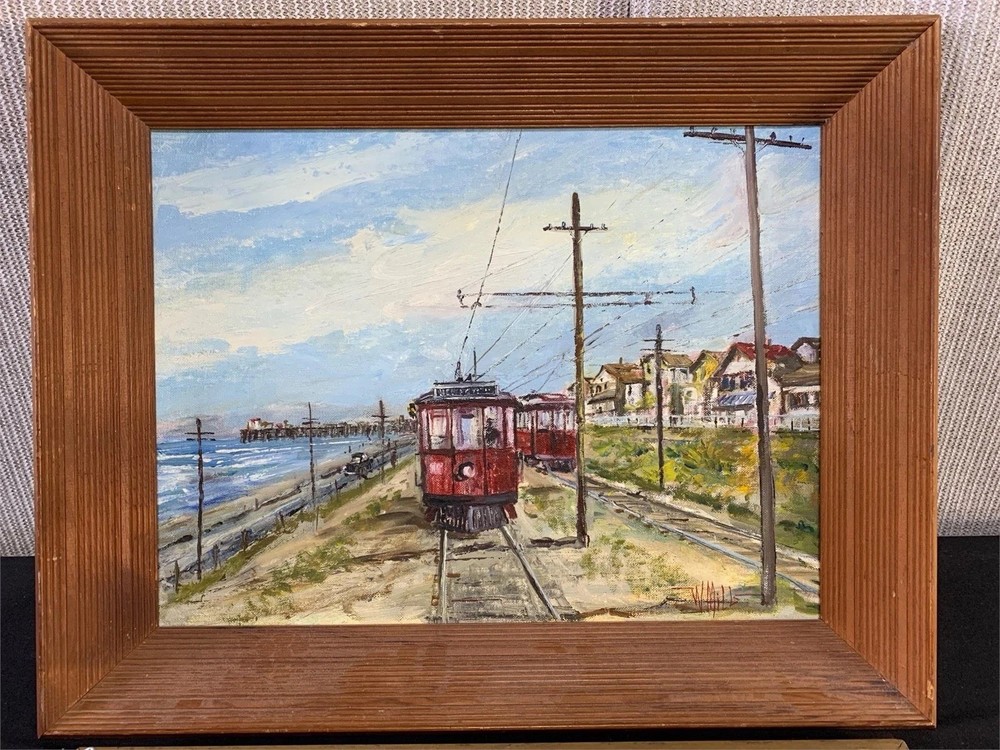 Wilfrid Taylor Mills Oil Painting “Newport” Pacific Electric Red Car Signed