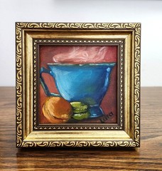 Framed Blue Cup & Macarons Original Oil Painting 4×4 Signed Kitchen Still Life