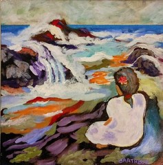 Woman Oceanside Acrylic Painting 8×8” Canvas Board Ocean Waves Water CT Artist