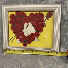 Vtg ORIGINAL Watercolor Painting White DOVES LOVE Red Roses Heart MCM Frame 8×10