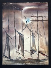 Waterscape with Sailboat-Charlotte Hoffman–Mid 20th C. Watercolor–NY Artist