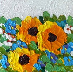 Original Painting Flowers Art Sunflowers and Forget-me-nots Miniature 14X14cm
