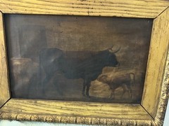 Stunning Antique 1800s Dark Sepia Realism Painting~Cows In Pasture~13.5×8.75