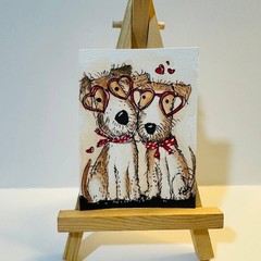 Cute Dog Couple Heart Glasses ACEO Original Watercolor Painting Folk Art OOAK