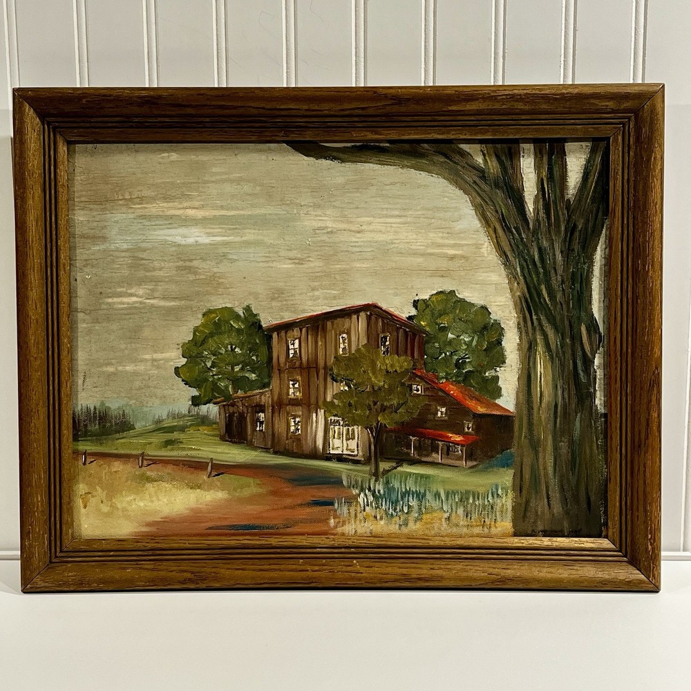 Vtg AMERICANA Homestead Landscape Oil PAINTING 18” X 14.5” FRAMED ART MCM Signed