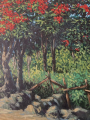 Jorge Romero vintage 80’s painting Campo y Flamboyanes -Puerto Rico Art Latin Am