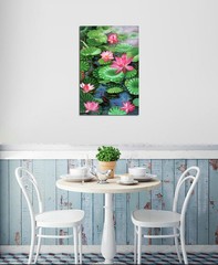 Hand Painted Oil Painting Koi Fish Pond Lotus Leaves Flowers Home Decor Wall Art
