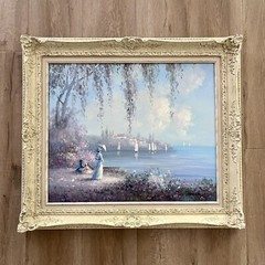 Vtg Oil On Canvas Painting Beachside White Embossed Frame Signed Stefano 31”x27”