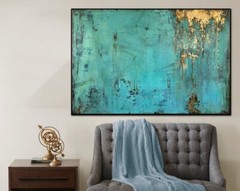 Huge Original Oil Blue Painting | Oversized Gold Leaf Wall Art Canvas Decor
