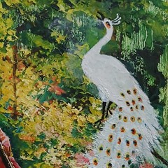 YARY DLUHOS Woman Music Peacock Garden Figure Cello Original Art Oil Painting