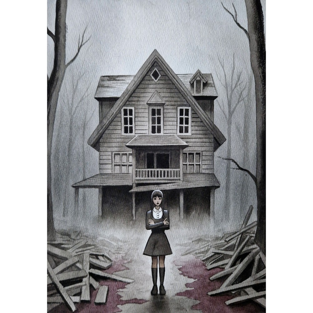 Horror House Painting Original Art Horror Art Landscape Art Watercolor Painting