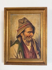 Antique European Oil Painting Portrait Old Man Smoking Hunter’s Pipe Framed