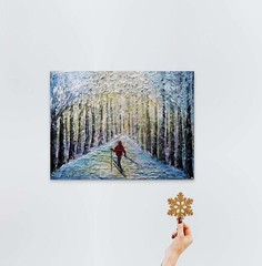 Original Winter Ski Painting 24×20 Textured Snow Forest Wall Art Signed