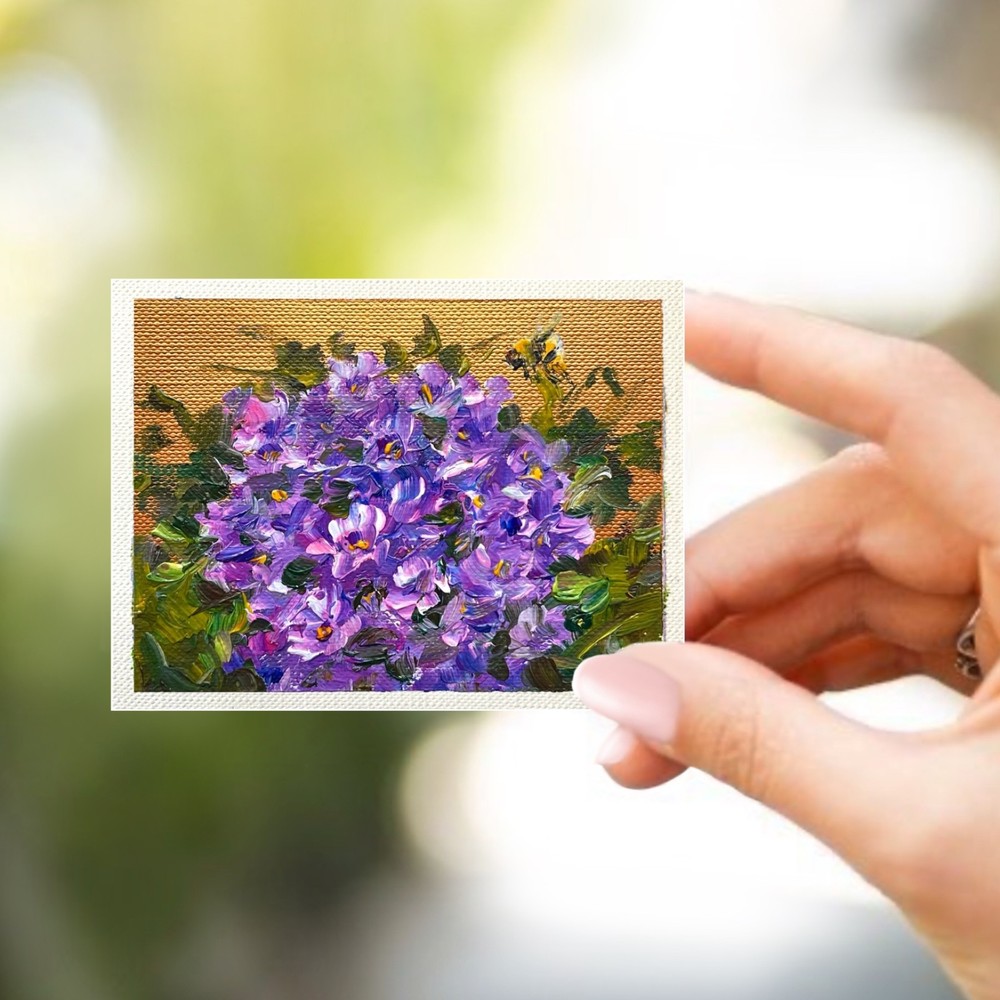 ACEO Original Oil Painting Hydrangea8 Bee Mini Art Impasto 2.5×3.5in Signed OS