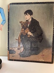 Outsider Folk Art, Painted And Etched On Wood Panel Of Urchin Boy
