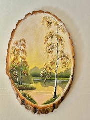 Woodcut Painting Sand Wall Art Plaque 12 Inches with White Birch Trees Lot 2