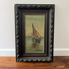Antique Original Framed Painting Seascape Sailboat Signed Mrs. McKenzie 21″x14″