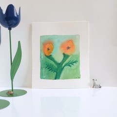 Two Headed Marigold Flower Floral Expressionist Dreamy Art 100% Cotton Paper 6×7