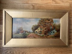 c1860 Antique Oil Painting Landscape American School Victorian Town
