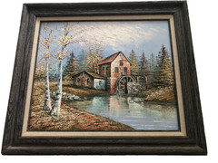 Vintage oil on canvas watermill signed W Jones in distressed style frame 27×31
