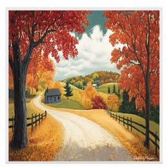 Curving Autumn Road with Blue Cabin Print Flat Rolled, Framed or Wrapped Canvas