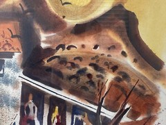 🔥 Vintage Modern Southwest Taos Pueblo Church Landscape Painting, Bernson 1960s