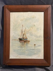 Antique Nautical Oil on Artist Board Painting Of Early Steam Powered Boat
