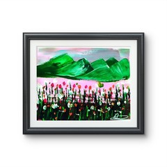 Original art 14 X 11 Mixed Media Green Mountains Landscape Art Acrylic Painting