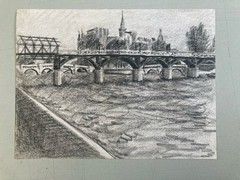 1970 Charcoal Drawing on Paper Paris Seine Quay Notre-Dame Pont Neuf Urban Art