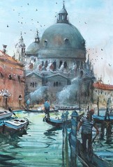 ORIGINAL PAINTING WATERCOLOR VENICE ITALY CANAL GRANDE GONDOLAS 16“x 10.5“in