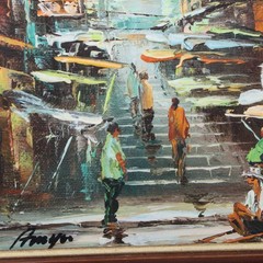VTG Pair Mini Hong Kong Pottinger Street & Harbor Scenes Signed Oil Paintings