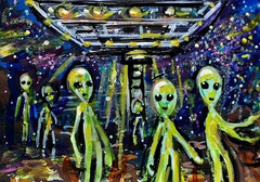 Original ACEO Painting ALIEN Spaceship Stars ET Martian Universe UFO ATC ART