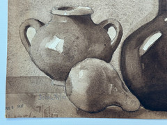 DOHAN ANTIQUE 1937 ORIGINAL ART WATERCOLOR PAINTING POTTERY SQUASH POT BOTTLE