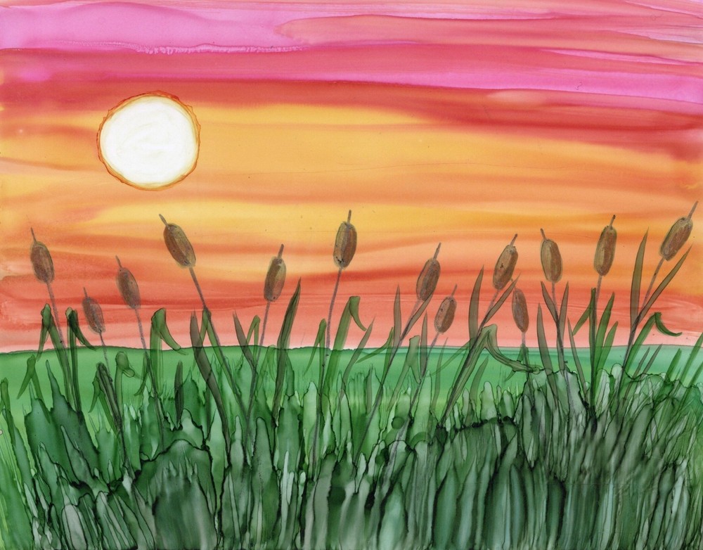 Alcohol Ink, Cattail Sunset, Original Painting, 5.5×7 Signed By Artist