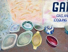 Expressionist Still Life With Dishes Pastel/Acrylic on Rag Paper by Kathie Brown
