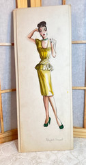 Vtg 1940s Fashion Design Yellow Femme Fatale Watercolor Ink Original 6″X14″