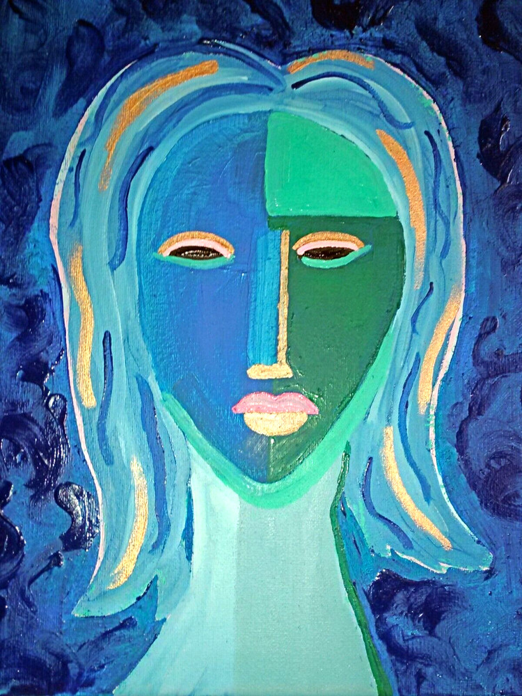 Authentic Oil Painting Modern Semi-Abstract Woman Face Blue Green Gold Small USA